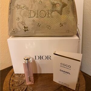 Dior Bundle: Shimmering Gold Mesh Pouch, Dior Addict Lip Glow and Perfume sample